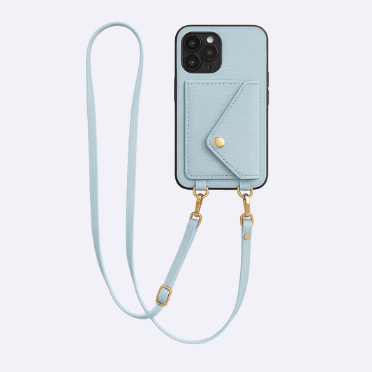 Blue Leather Wallet Phone Case + Card Holder & Crossbody Strap