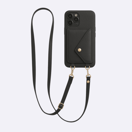 Black Leather Wallet Phone Case + Card Holder & Crossbody Strap