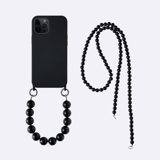Black Phone Case +  Black Spheres Chain & Crossbody Strap