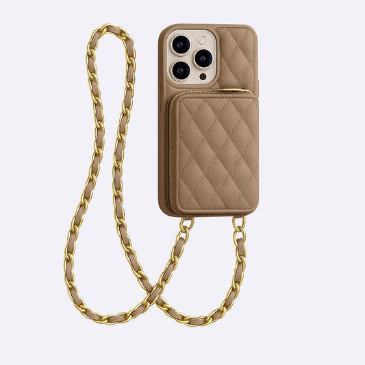Brown Leather Phone Case + Zipper Wallet & Faux Leather Crossbody Strap