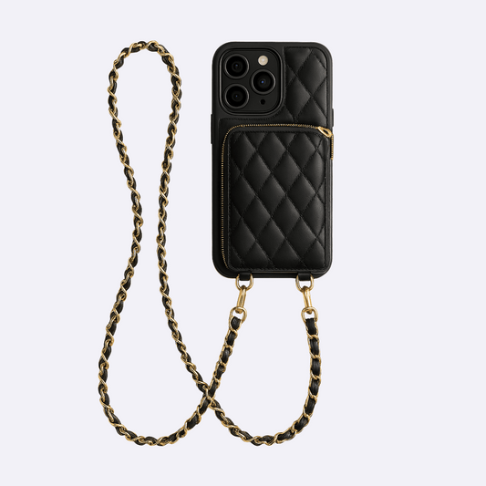 Black Leather Phone Case + Zipper Wallet & Faux Leather Crossbody Strap