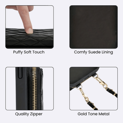 Black Leather Phone Case + Zipper Wallet & Faux Leather Crossbody Strap