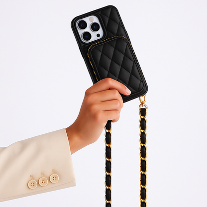 Black Leather Phone Case + Zipper Wallet & Faux Leather Crossbody Strap