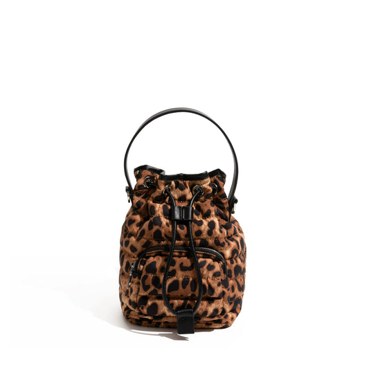 Vintage Leopard Pattern Bucket Bag Multi-pocket Design Nylon Cotton Fabric Shoulder Small Drawstring - Vennus