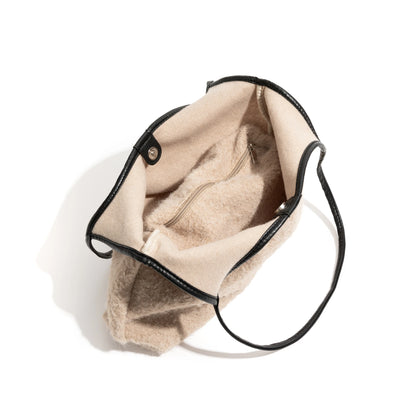 Lamb Wool Fabric Tote Handbag Simple Casual Shoulder Bag Fashion Square Shopping Large Purse - Vennus