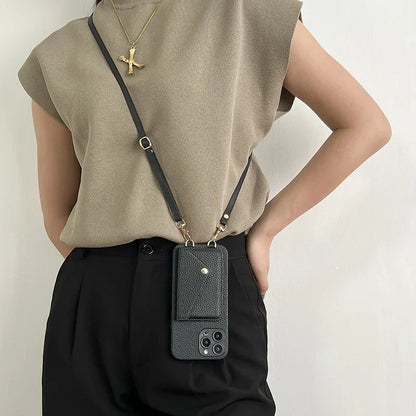 Black Leather Wallet Phone Case + Card Holder & Crossbody Strap