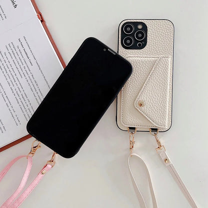 Pink Leather Wallet Phone Case + Card Holder & Crossbody Strap