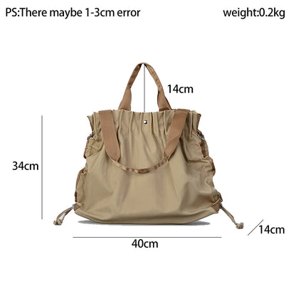 Pleated Square Shoulder Shopping Bag Nylon Lightweight Drawstring Design Simple Casual Tote Handbag - Vennus