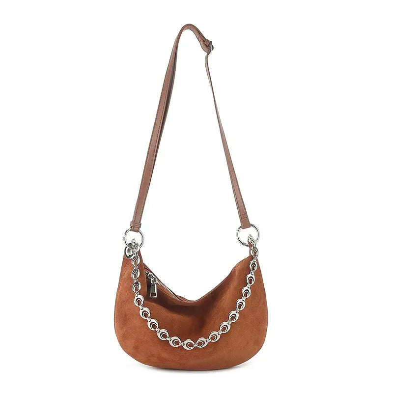 Vintage Genuine Leather Suede Half Moon Tote Bag with Double Strap for Phone - Vennus