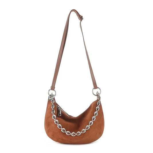 Vintage Genuine Leather Suede Half Moon Tote Bag with Double Strap for Phone - Vennus