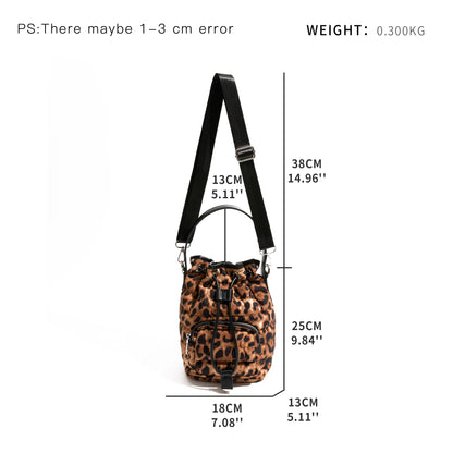 Vintage Leopard Pattern Bucket Bag Multi-pocket Design Nylon Cotton Fabric Shoulder Small Drawstring - Vennus