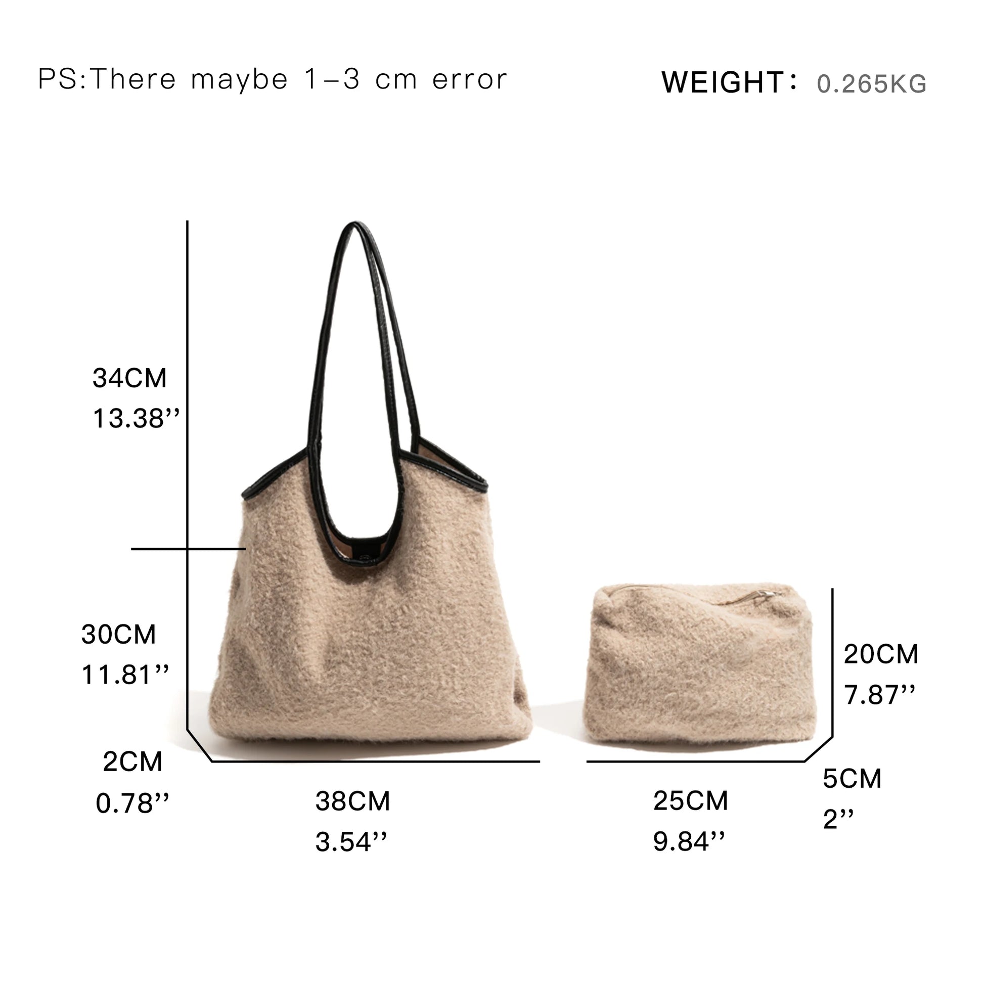 Lamb Wool Fabric Tote Handbag Simple Casual Shoulder Bag Fashion Square Shopping Large Purse - Vennus