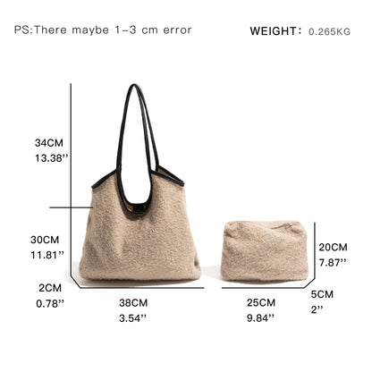 Lamb Wool Fabric Tote Handbag Simple Casual Shoulder Bag Fashion Square Shopping Large Purse - Vennus