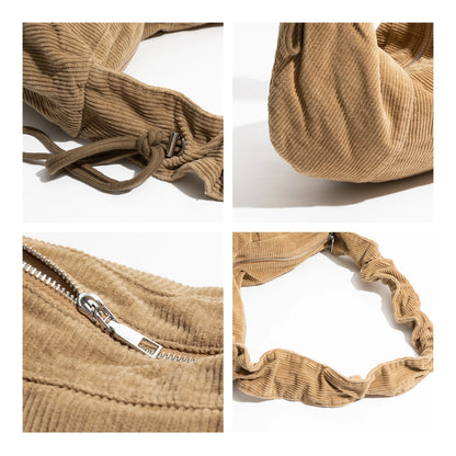 Soft Corduroy Hobo Stylish Lady Handbag Pleated Drawstring Strap Design Retro Shoulder Bag - Vennus