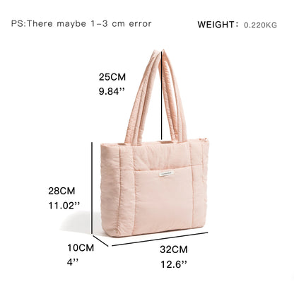 Big Square Cotton Padded Tote Bag Quilting Puffy Shoulder Shopper Purse Simple Winter Daily Handbag - Vennus