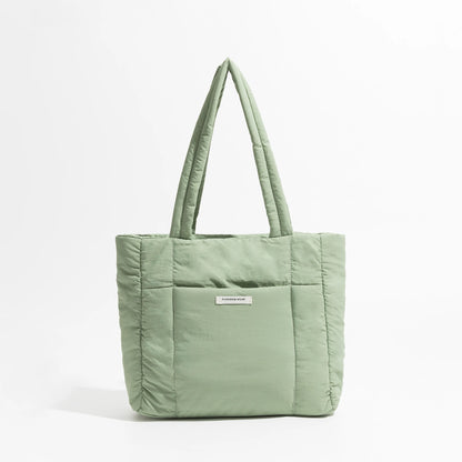 Big Square Cotton Padded Tote Bag Quilting Puffy Shoulder Shopper Purse Simple Winter Daily Handbag - Vennus