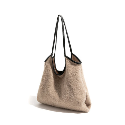 Lamb Wool Fabric Tote Handbag Simple Casual Shoulder Bag Fashion Square Shopping Large Purse - Vennus