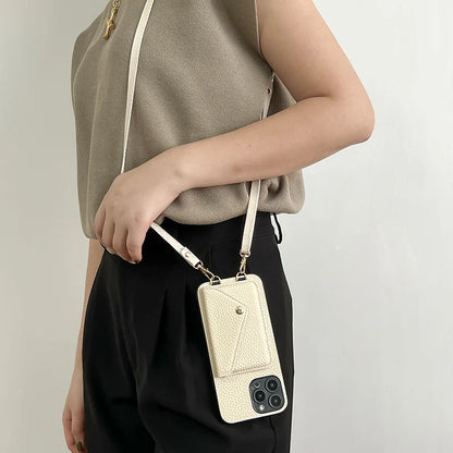 Beige Leather Wallet Phone Case + Card Holder & Crossbody Strap