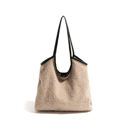 Lamb Wool Fabric Tote Handbag Simple Casual Shoulder Bag Fashion Square Shopping Large Purse - Vennus