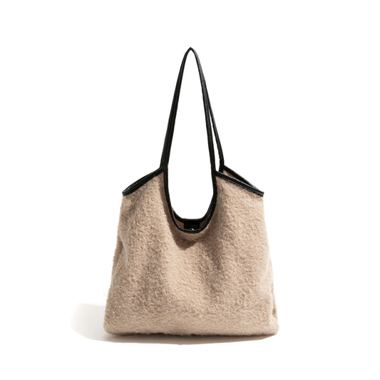 Lamb Wool Fabric Tote Handbag Simple Casual Shoulder Bag Fashion Square Shopping Large Purse - Vennus