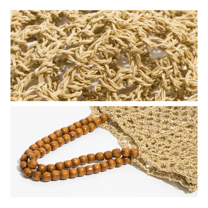 Beading Handle Straw Mesh Beach Tote Bag Hollow Out Fishing Net Square Shoulder Purse Large Daypack - Vennus