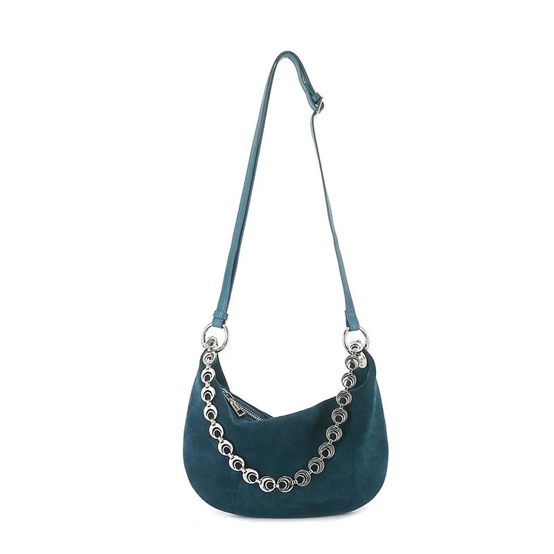 Vintage Genuine Leather Suede Half Moon Tote Bag with Double Strap for Phone - Vennus