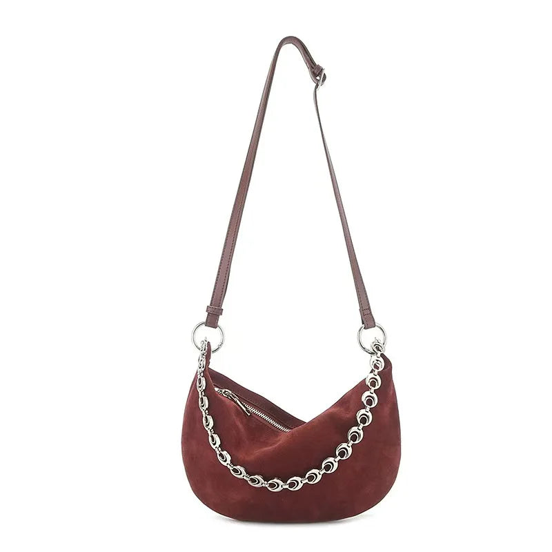 Vintage Genuine Leather Suede Half Moon Tote Bag with Double Strap for Phone - Vennus