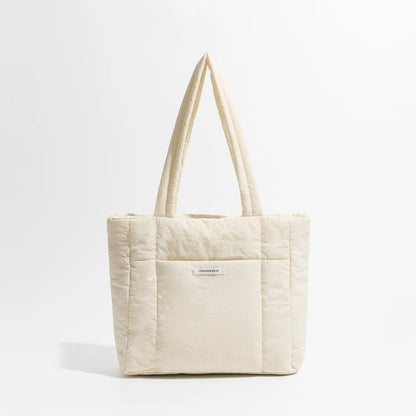Big Square Cotton Padded Tote Bag Quilting Puffy Shoulder Shopper Purse Simple Winter Daily Handbag - Vennus