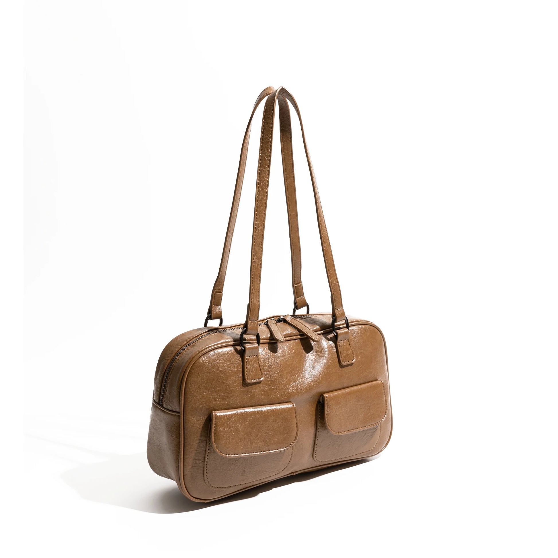 Vintage PU Leather Versatile Bowling Bag Multi-pocket Underarm Shoulder Boston Large Bag - Vennus
