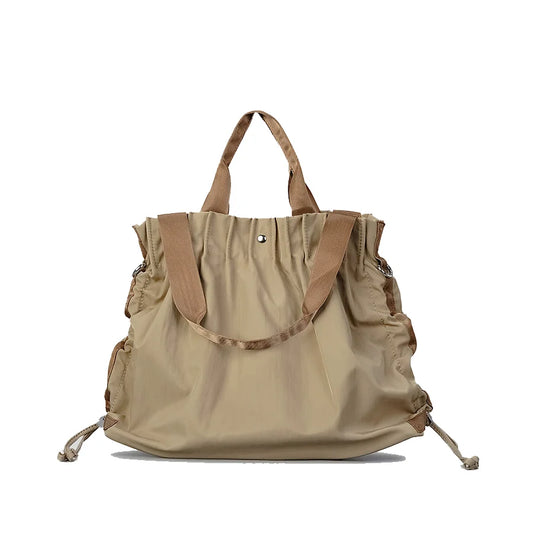Pleated Square Shoulder Shopping Bag Nylon Lightweight Drawstring Design Simple Casual Tote Handbag - Vennus