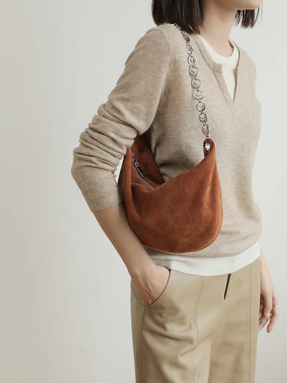 Vintage Genuine Leather Suede Half Moon Tote Bag with Double Strap for Phone - Vennus