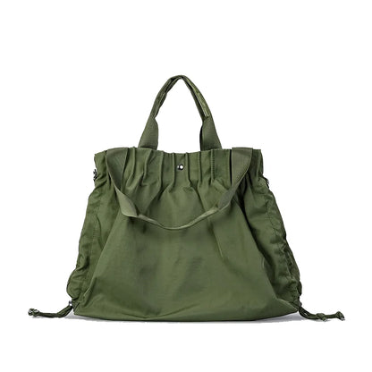 Pleated Square Shoulder Shopping Bag Nylon Lightweight Drawstring Design Simple Casual Tote Handbag - Vennus