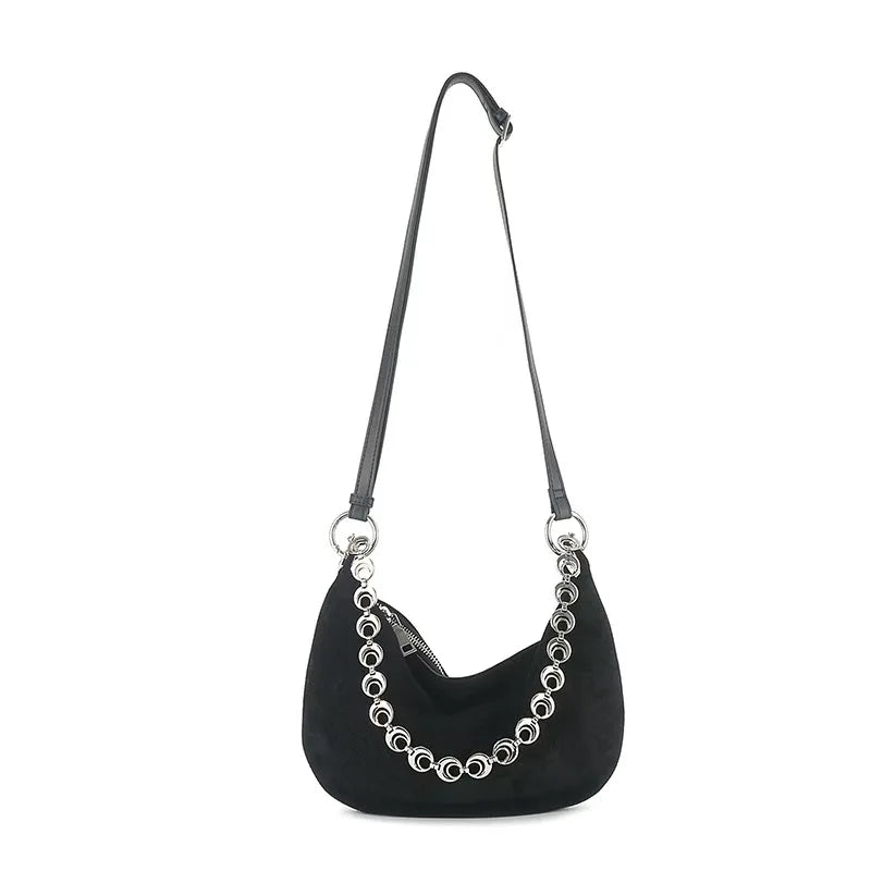 Vintage Genuine Leather Suede Half Moon Tote Bag with Double Strap for Phone - Vennus