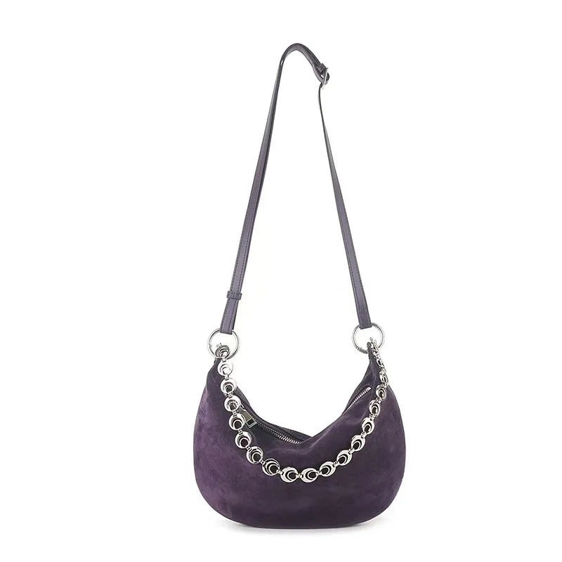 Vintage Genuine Leather Suede Half Moon Tote Bag with Double Strap for Phone - Vennus