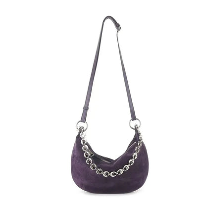 Vintage Genuine Leather Suede Half Moon Tote Bag with Double Strap for Phone - Vennus