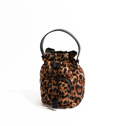 Vintage Leopard Pattern Bucket Bag Multi-pocket Design Nylon Cotton Fabric Shoulder Small Drawstring - Vennus