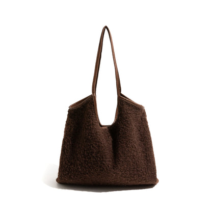 Lamb Wool Fabric Tote Handbag Simple Casual Shoulder Bag Fashion Square Shopping Large Purse - Vennus