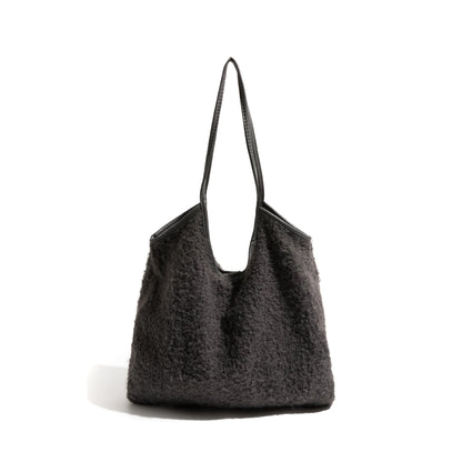 Lamb Wool Fabric Tote Handbag Simple Casual Shoulder Bag Fashion Square Shopping Large Purse - Vennus